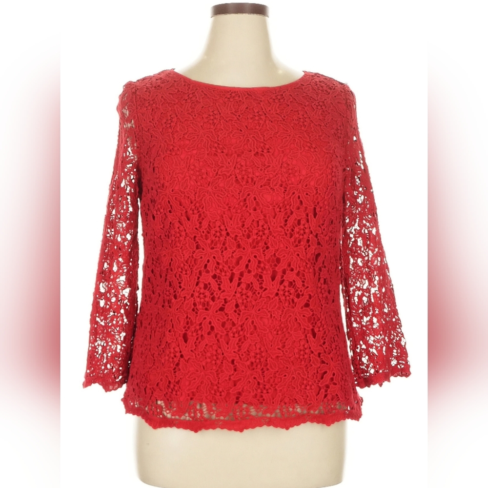 Talbots Red Lace 3/4 Bell Sleeve Blouse